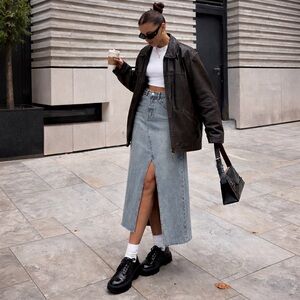 Asymmetric Wrap Denim Midi Skirt Blue Jean High Waist Slit Y2K